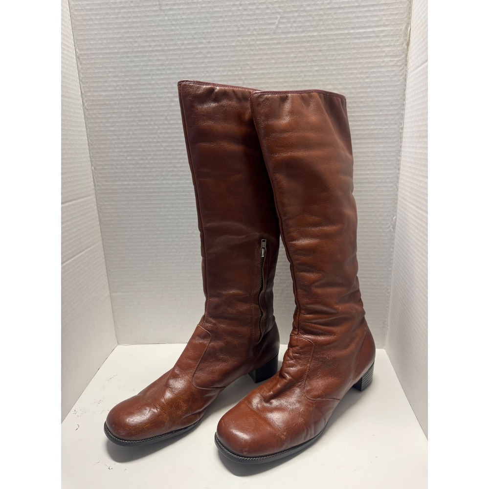 Vintage 70s Alaskan Snow Queens Brown Leather Faux Fur Lined Tall Boots 10 Go-Go